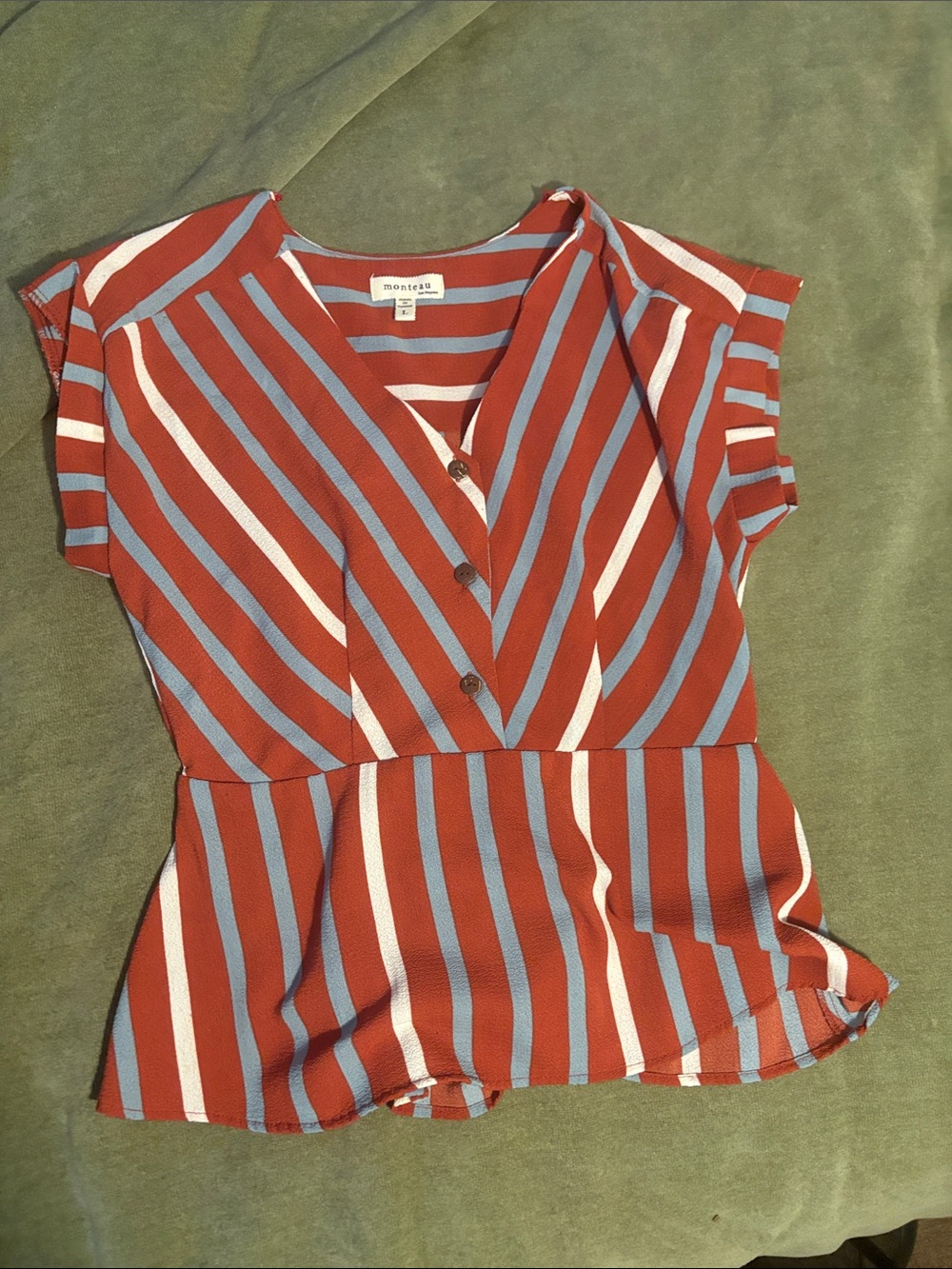 Monteau Rust, Blue & Cream Striped V-Neck Peplum Top
